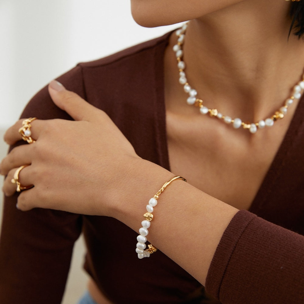 Fluid Silver Gold Pearl Bracelet
