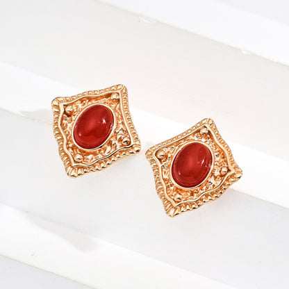 Vintage Gold Regal Red Agate Earrings