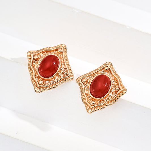 Vintage Gold Regal Red Agate Earrings