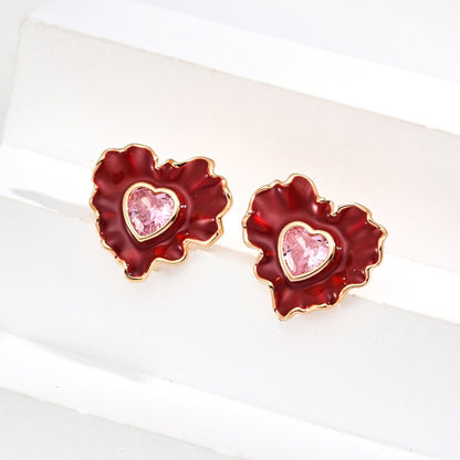 Vintage Red Ruffle Heart Pink Zircon Earrings