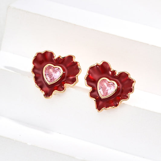 Vintage Red Ruffle Heart Pink Zircon Earrings