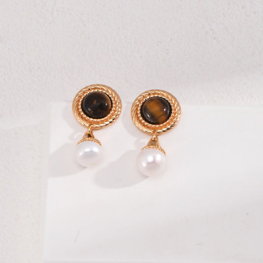 Vintage Gold Tiger Eye & Pearl Drop Earrings