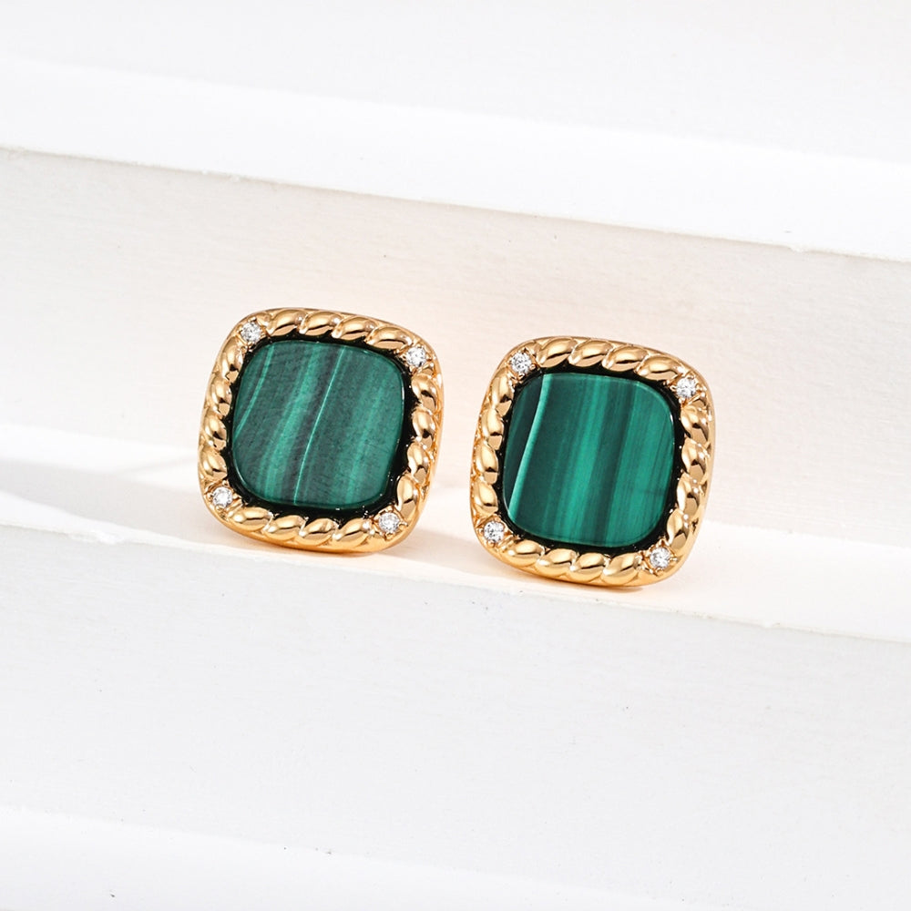 Vintage Gold Malachite Square Stud Earrings