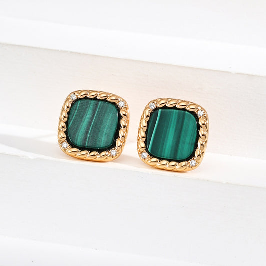 Vintage Gold Malachite Square Stud Earrings