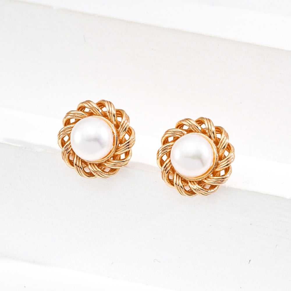 Vintage Gold Woven Pearl Stud Earrings