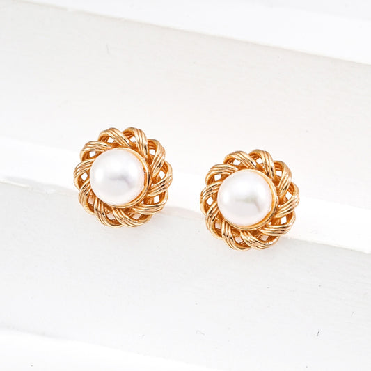 Vintage Gold Woven Pearl Stud Earrings
