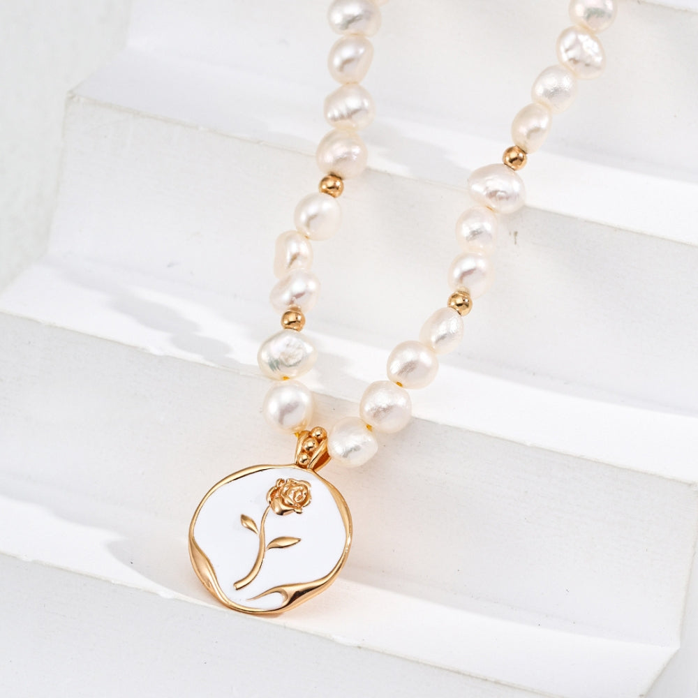 Vintage Gold Dripping Enamel Rose Pearl Pendant