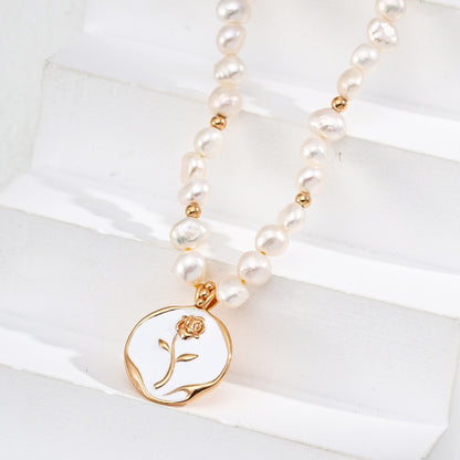 Vintage Gold Dripping Enamel Rose Pearl Pendant