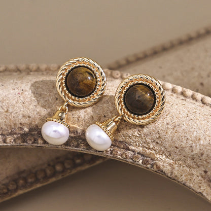 Vintage Gold Tiger Eye & Pearl Drop Earrings