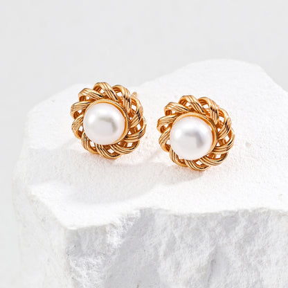 Vintage Gold Woven Pearl Stud Earrings