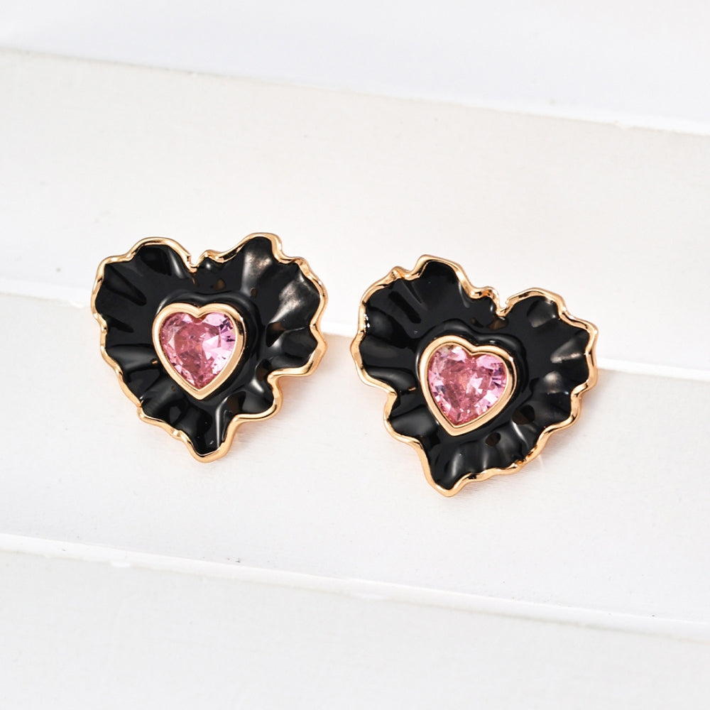 Vintage Black Ruffle Heart Pink Zircon Earrings