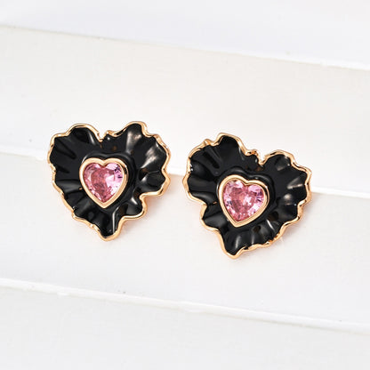 Vintage Black Ruffle Heart Pink Zircon Earrings