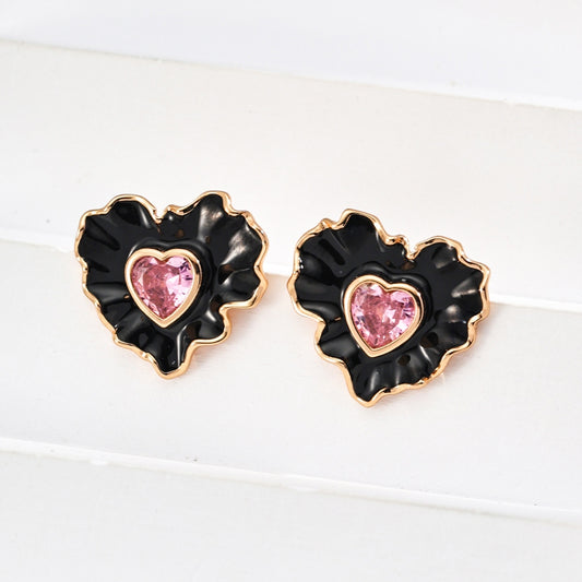 Vintage Black Ruffle Heart Pink Zircon Earrings