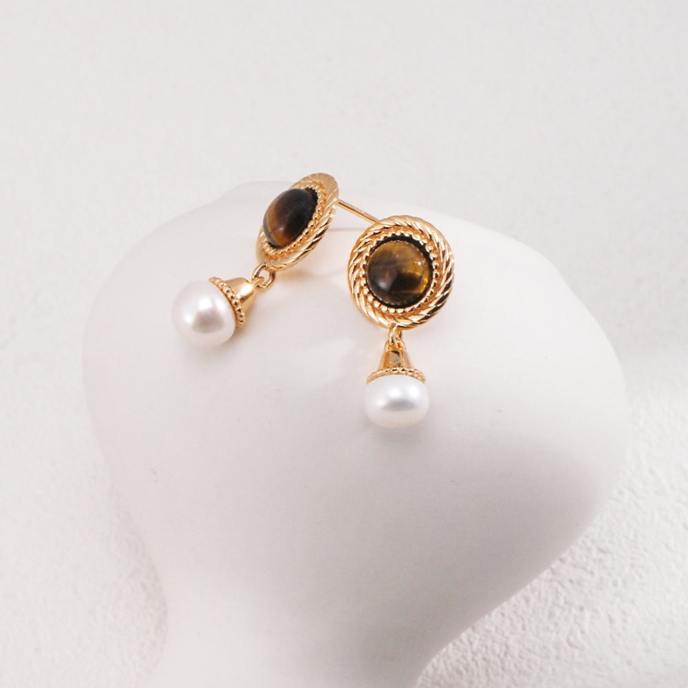 Vintage Gold Tiger Eye & Pearl Drop Earrings