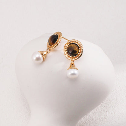 Vintage Gold Tiger Eye & Pearl Drop Earrings