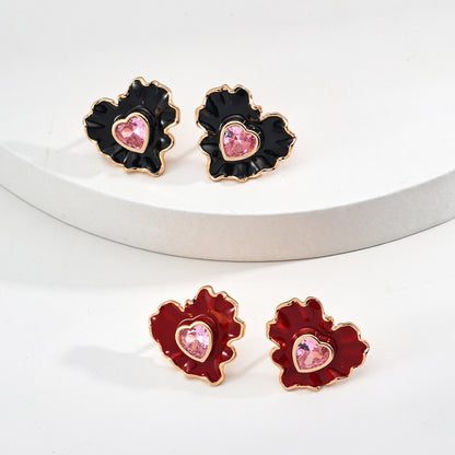 Vintage Black Ruffle Heart Pink Zircon Earrings
