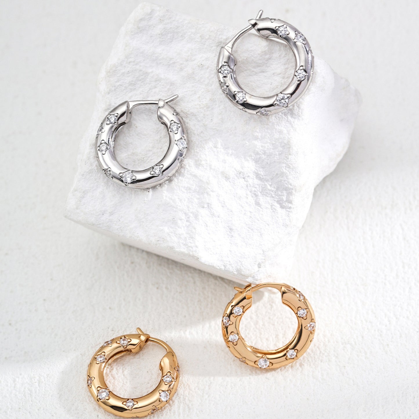 Vintage Platinum Hoop Earrings Featuring Zircon Stones