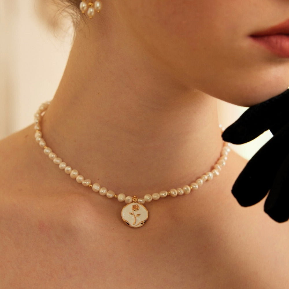 Vintage Gold Dripping Enamel Rose Pearl Pendant