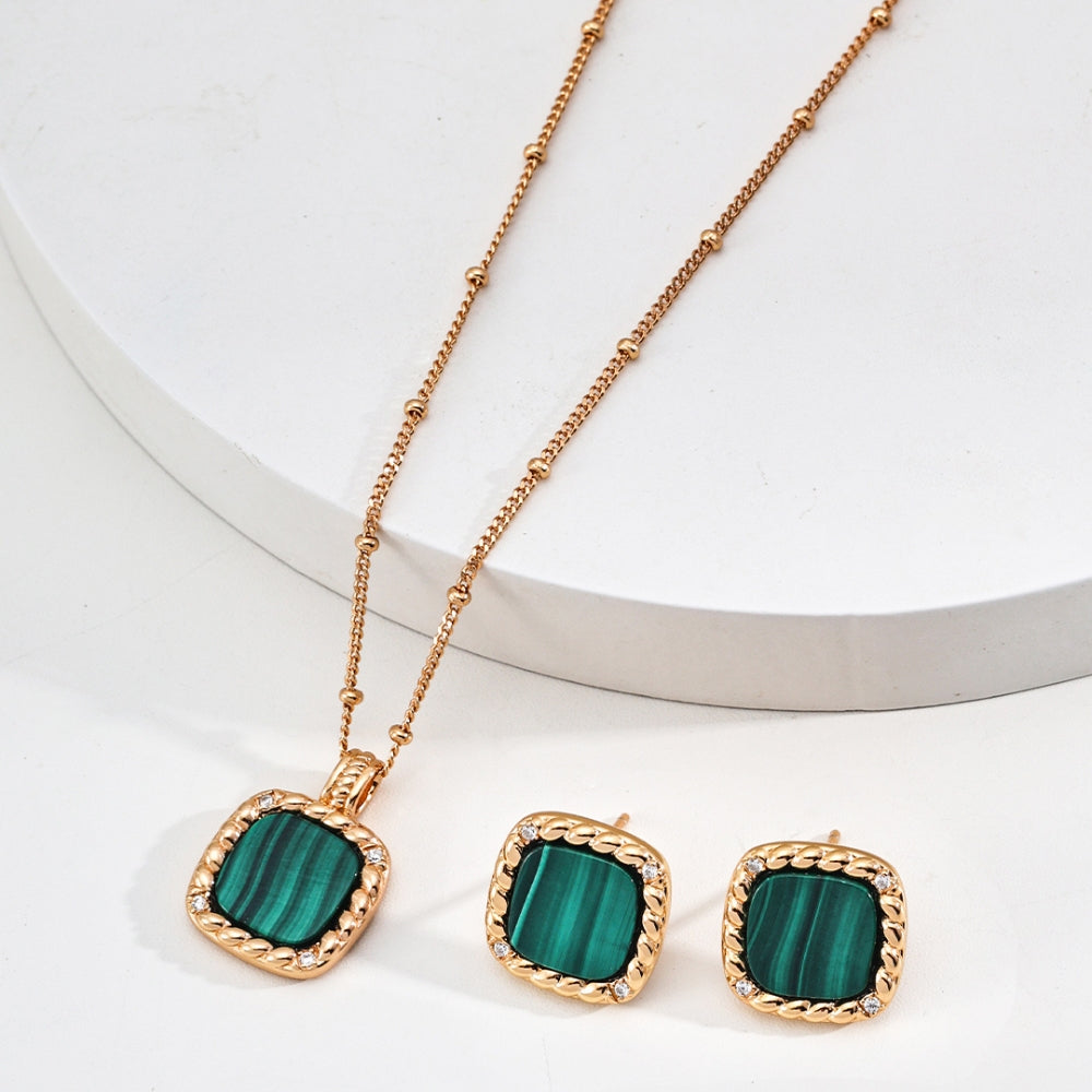 Vintage Gold Malachite Square Stud Earrings