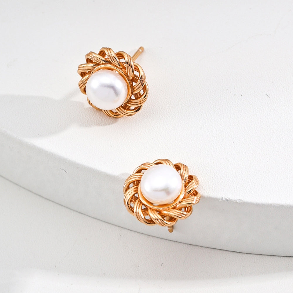 Vintage Gold Woven Pearl Stud Earrings
