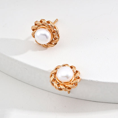 Vintage Gold Woven Pearl Stud Earrings