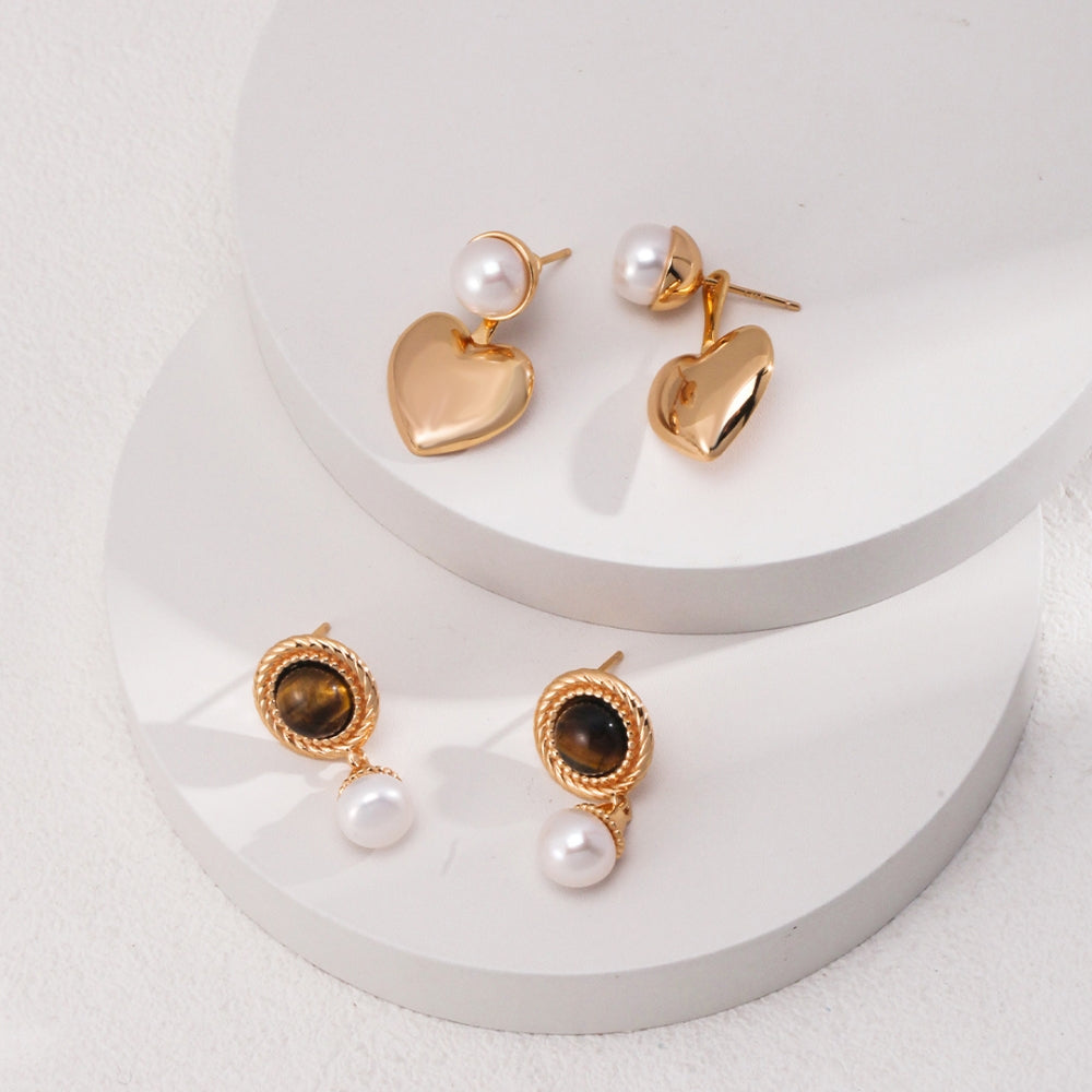 Vintage Gold Tiger Eye & Pearl Drop Earrings