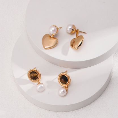 Vintage Gold Tiger Eye & Pearl Drop Earrings