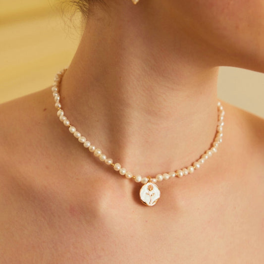 Vintage Gold Dripping Enamel Rose Pearl Pendant