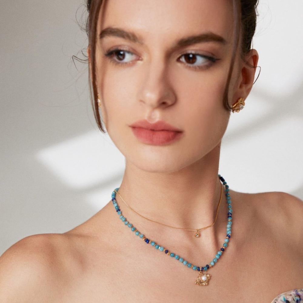 Natural Amazonite Lapis Pearl Necklace
