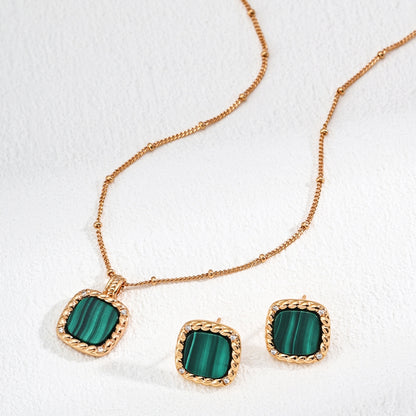 Vintage Gold Malachite Square Stud Earrings