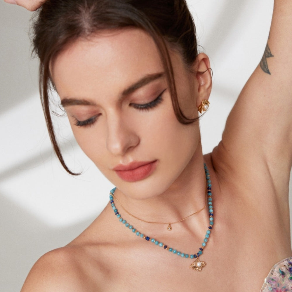 Natural Amazonite Lapis Pearl Necklace