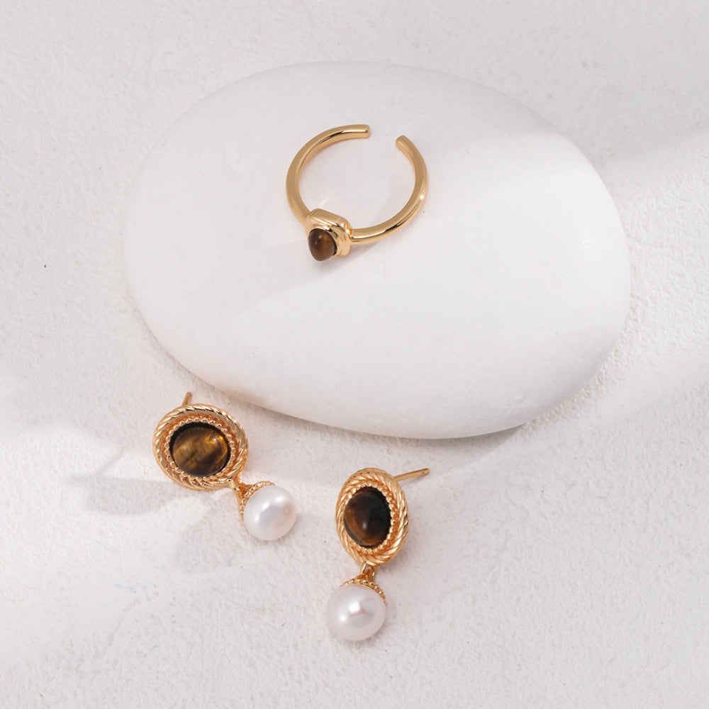 Vintage Gold Tiger Eye & Pearl Drop Earrings