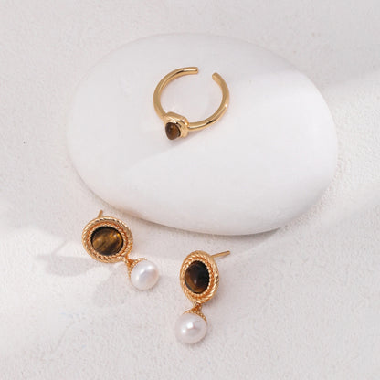 Vintage Gold Tiger Eye & Pearl Drop Earrings