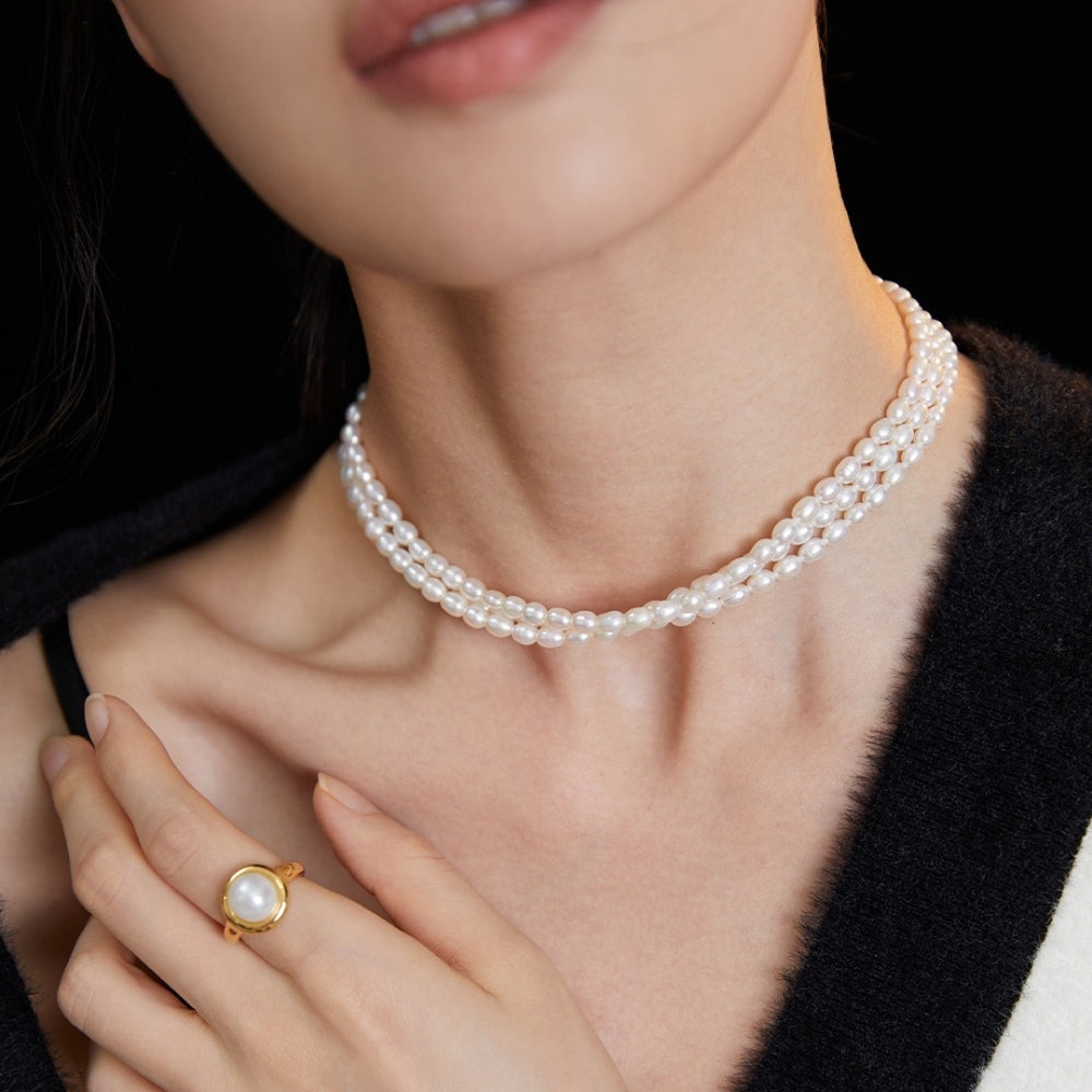 Vintage Gold Rice Pearl Choker Necklace
