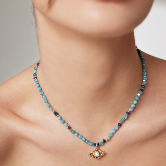 Natural Amazonite Lapis Pearl Necklace