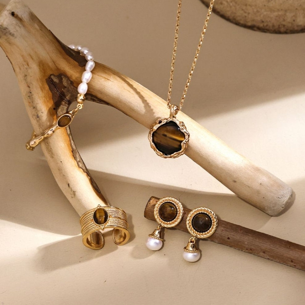Vintage Gold Tiger Eye & Pearl Drop Earrings