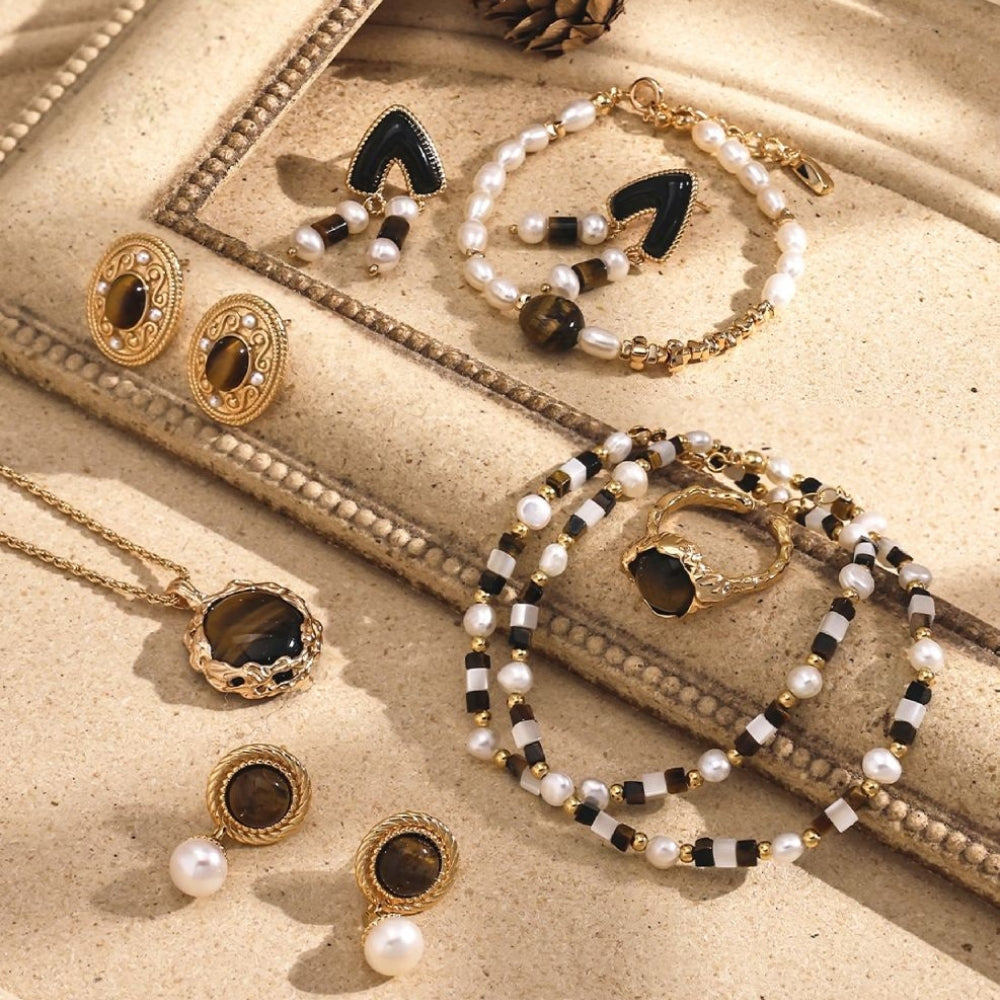 Vintage Gold Tiger Eye & Pearl Drop Earrings