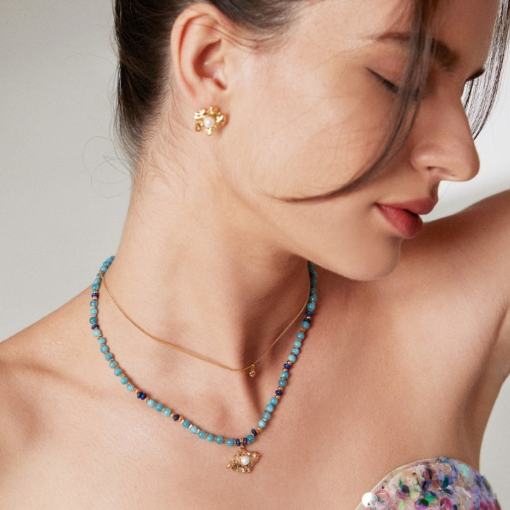 Natural Amazonite Lapis Pearl Necklace