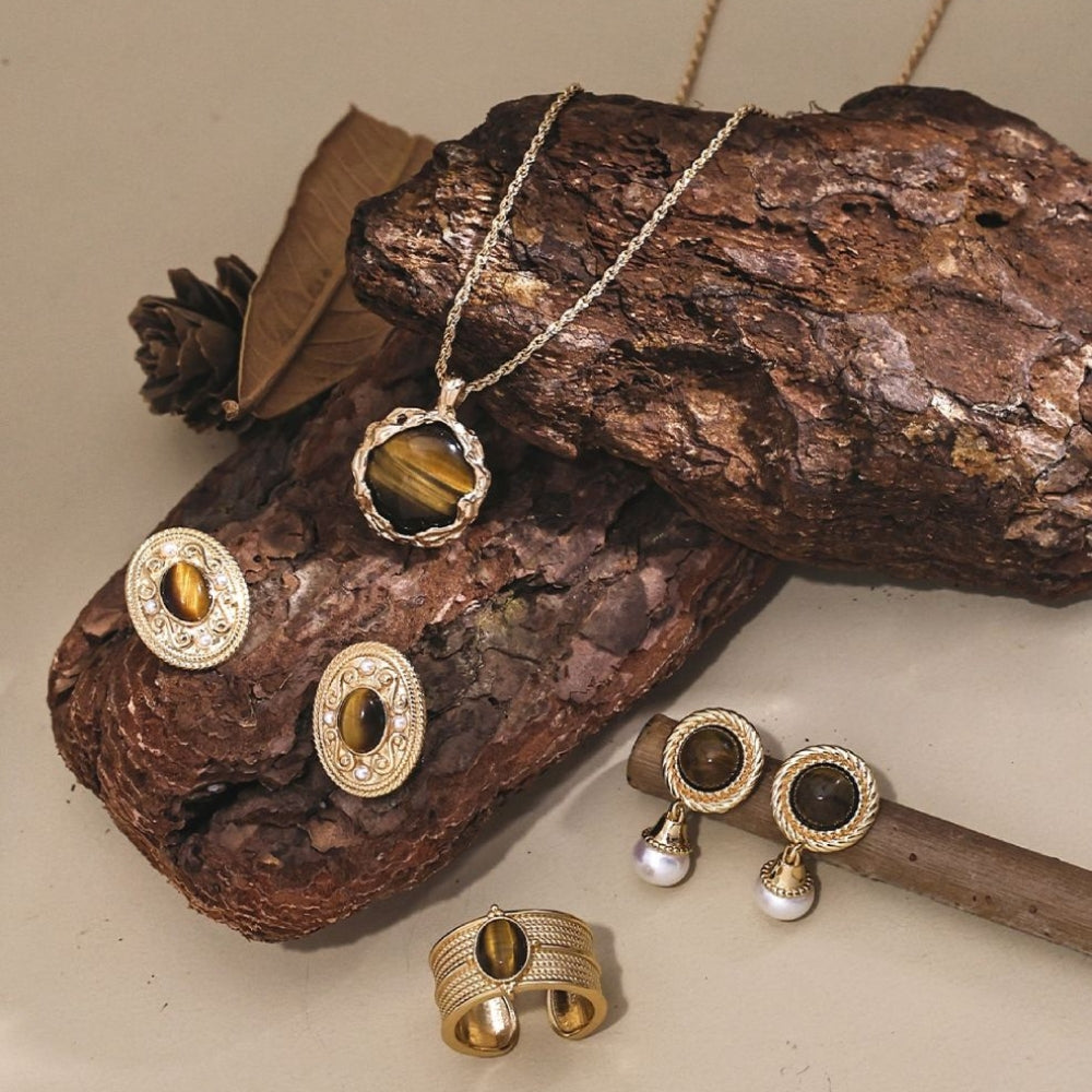 Vintage Gold Tiger Eye & Pearl Drop Earrings